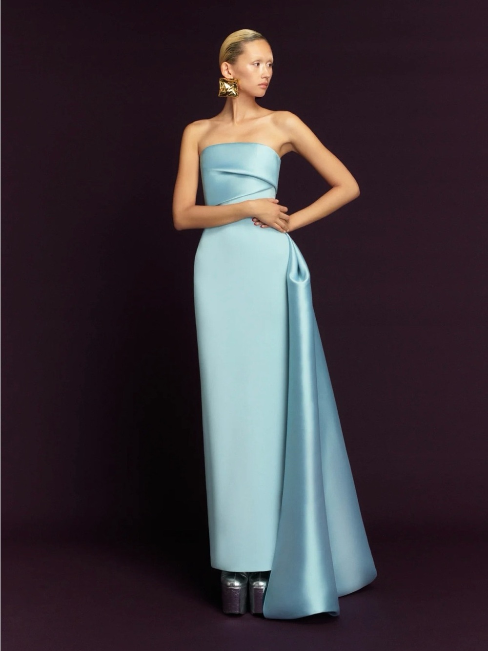 Solace London Strapless Pale Blue Satin Gown